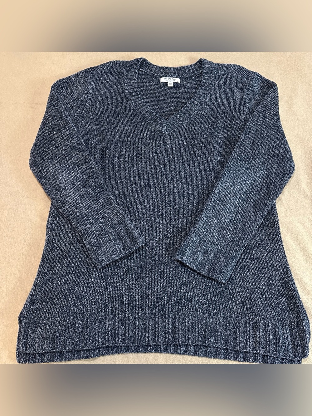 Orvis Women's Heathered Dark Blue V-Neck Sweater